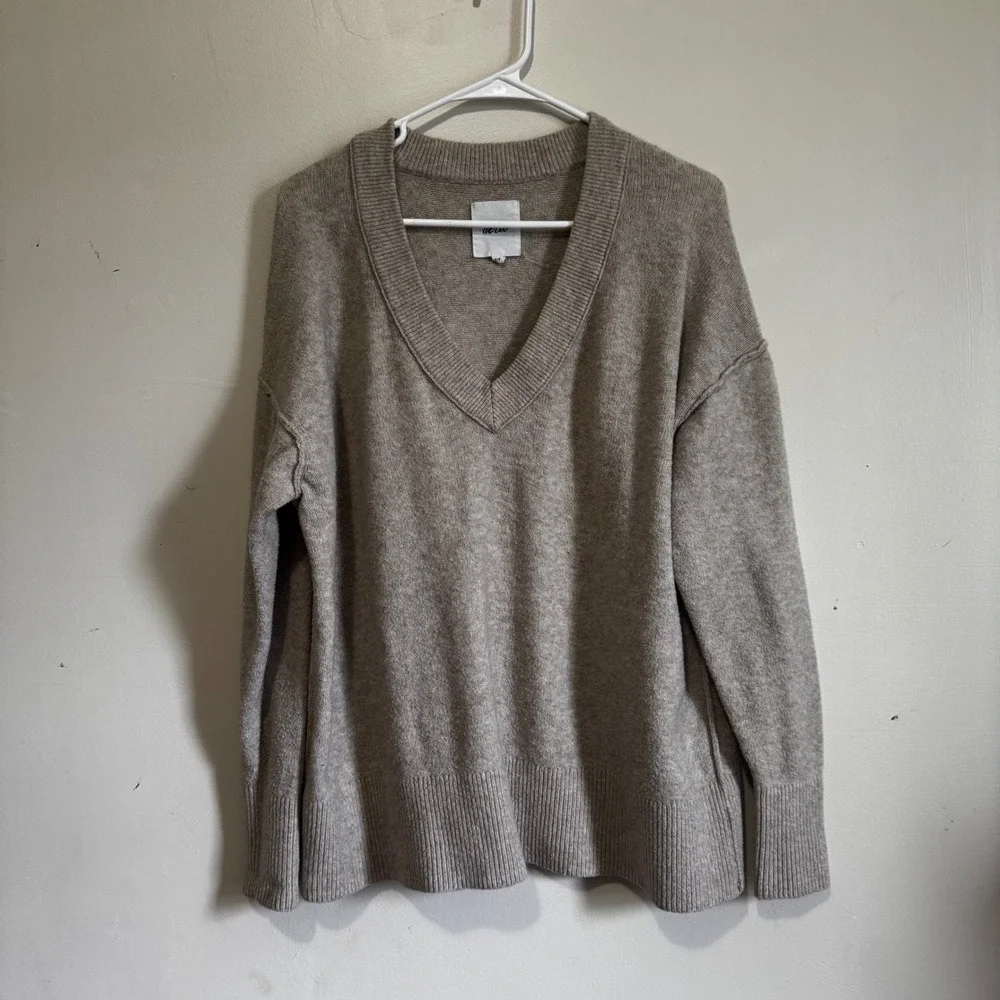 Aerie Women's Tan Brown V-Neck Oversized Knit Pullover Sweater Size S/P